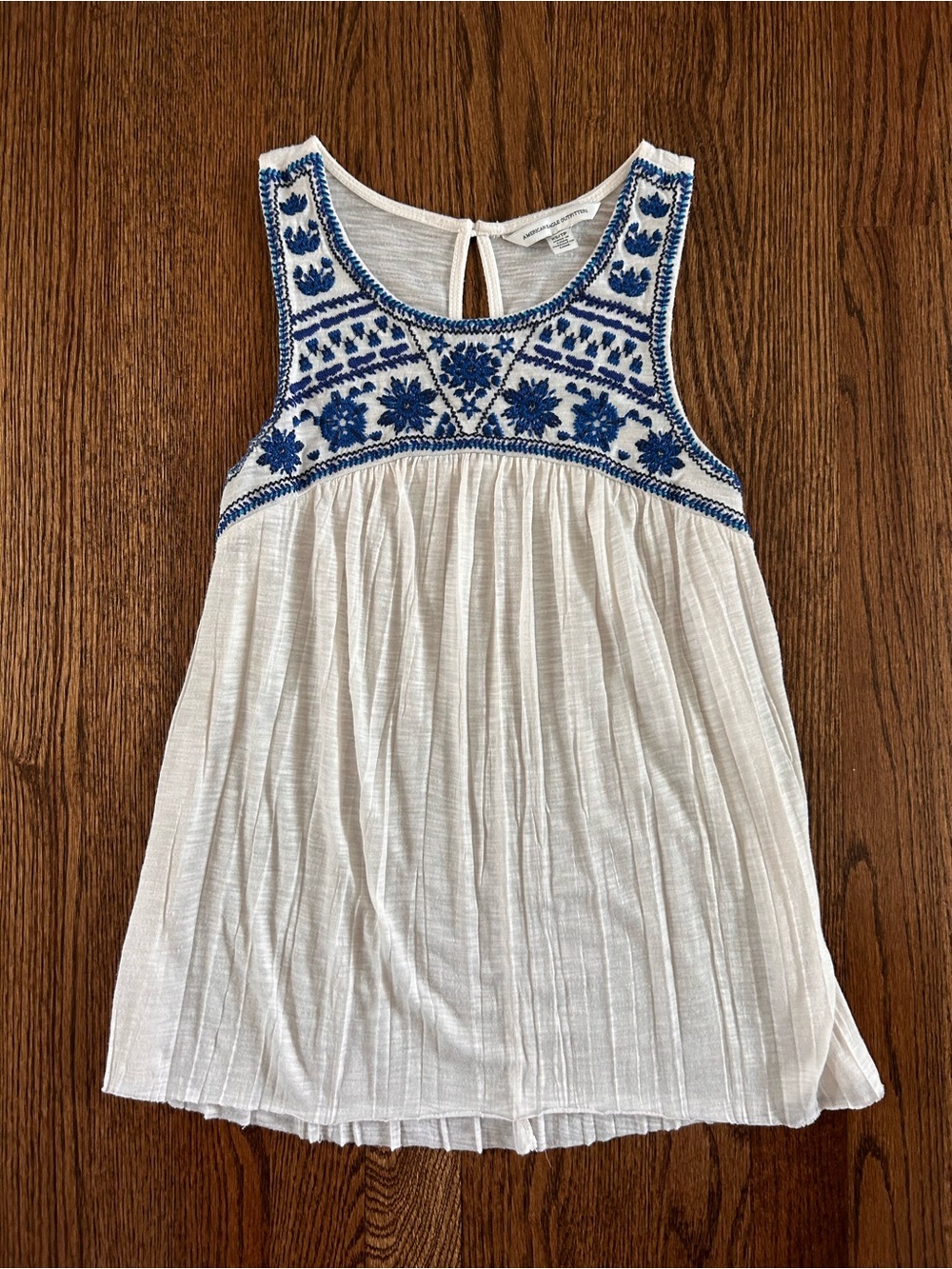 American Eagle White Sleeveless Top with Blue Embroidery